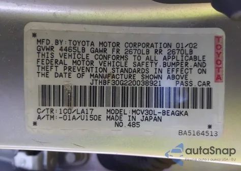 2002 Lexus Es 300 из США, поврежденный, VIN JTHBF30G220038921